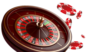 online Roulette wheel with red and white casino chips