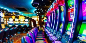 slot machines lined up at a casino