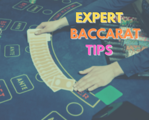 expert baccarat tips text with casino dealer background