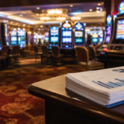 Delaware casino revenue report beside an unbranded casino floor