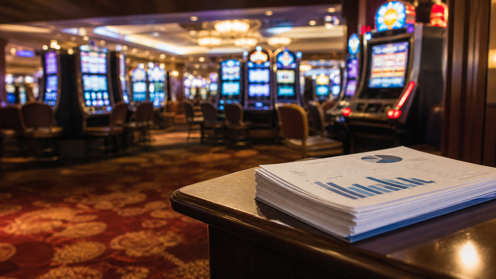 Delaware casino revenue report beside an unbranded casino floor