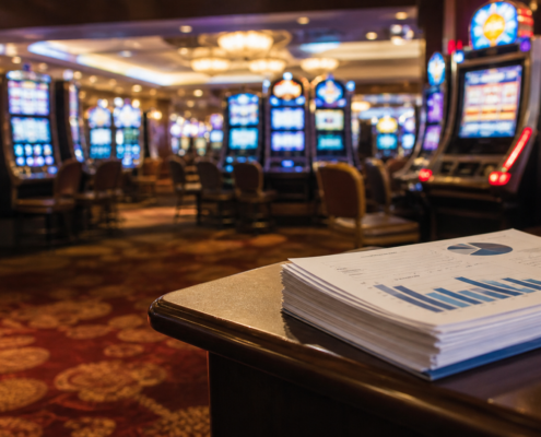 Delaware casino revenue report beside an unbranded casino floor