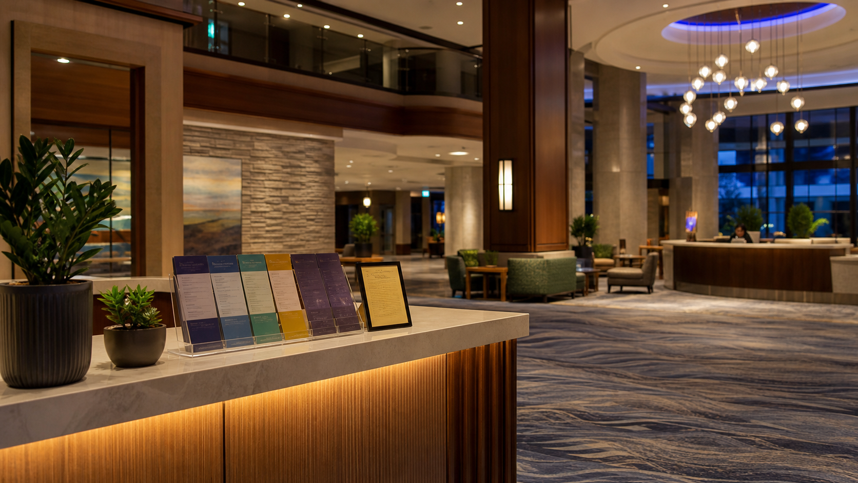Casino resort entrance with an informational responsible-gaming display