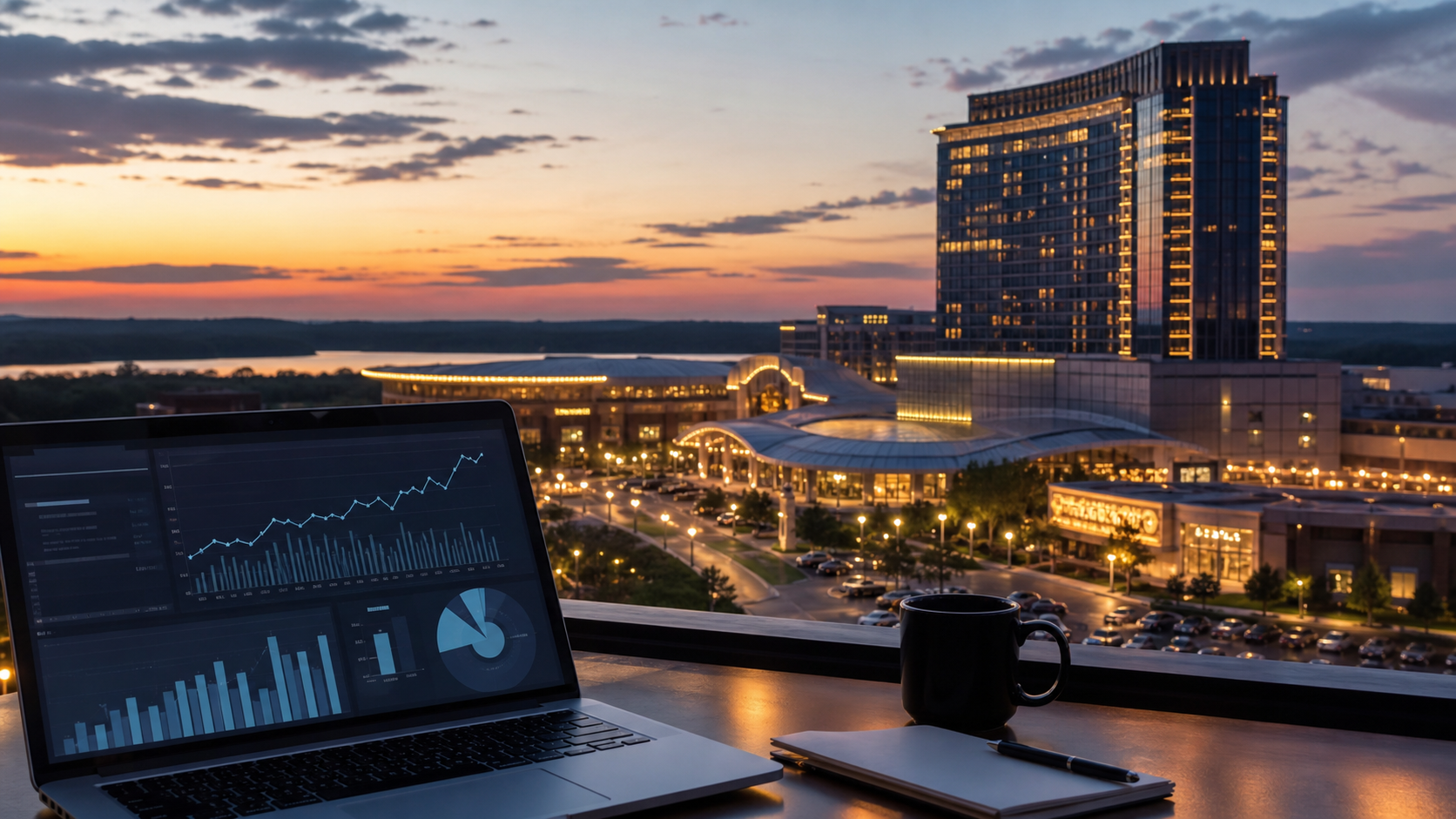 Modern regional casino resort with hotel tower and financial chart