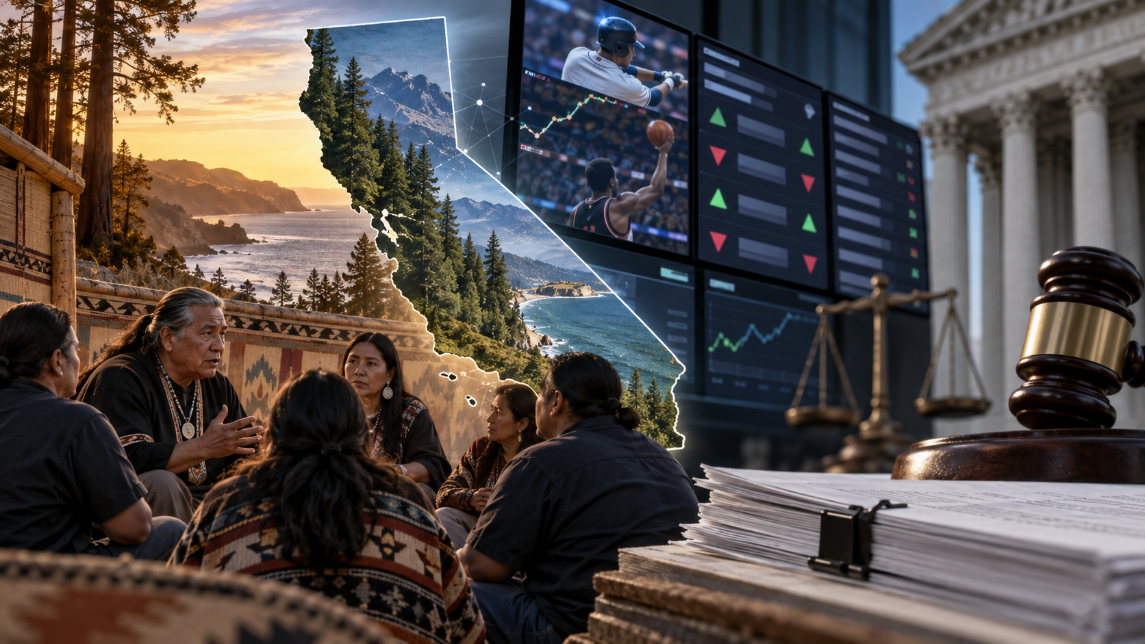 Editorial illustration of California tribal gaming, prediction-market contracts, and local government policy
