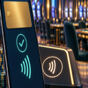 Editorial illustration of cashless casino payments, a secure mobile wallet, and a casino floor