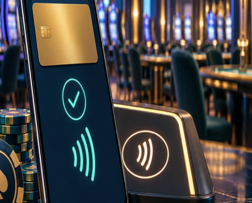 Editorial illustration of cashless casino payments, a secure mobile wallet, and a casino floor