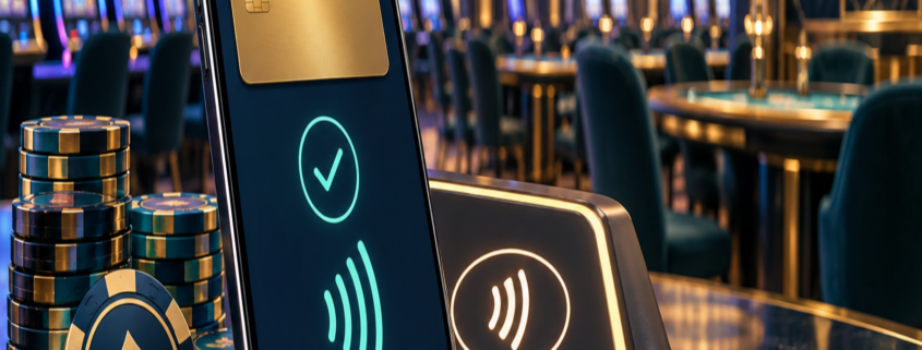 Editorial illustration of cashless casino payments, a secure mobile wallet, and a casino floor