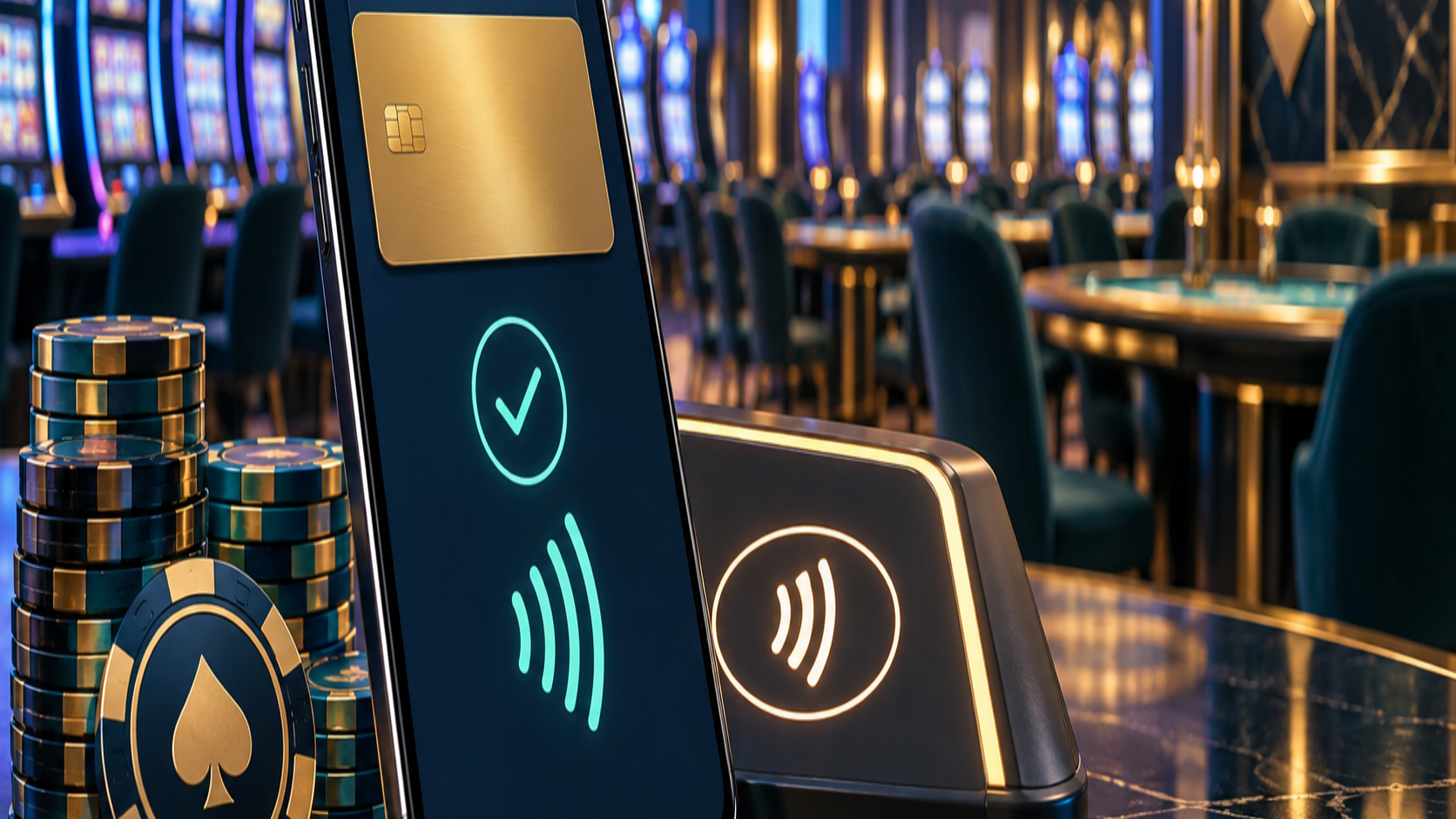 Editorial illustration of cashless casino payments, a secure mobile wallet, and a casino floor