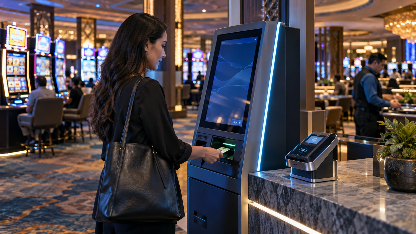 Editorial illustration about casino cash access technology, United States casino and gambling news, and source documents