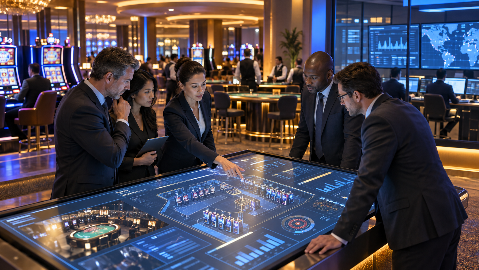 Editorial illustration of a casino technology partnership and gaming systems review