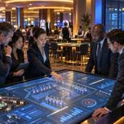 Editorial illustration of a casino technology partnership and gaming systems review