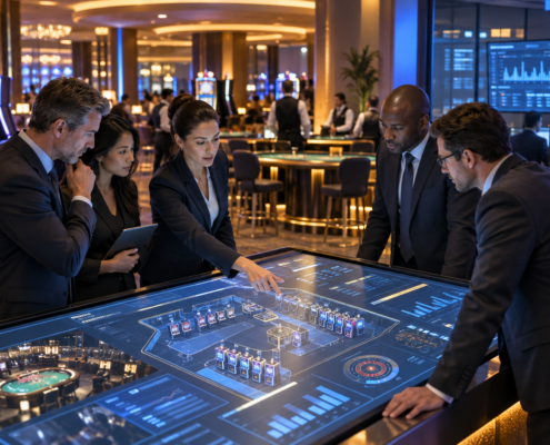 Editorial illustration of a casino technology partnership and gaming systems review