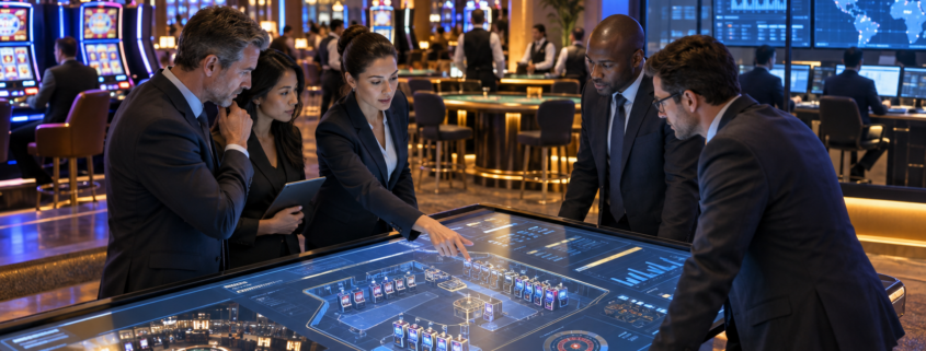 Editorial illustration of a casino technology partnership and gaming systems review