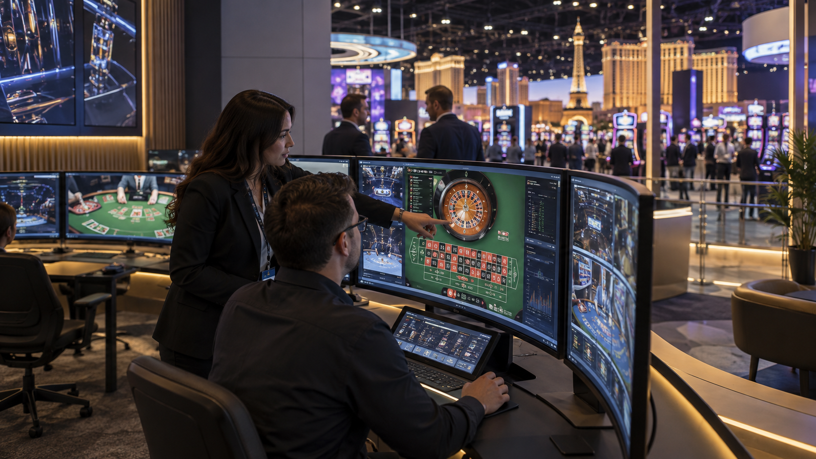 Editorial illustration of curved casino gaming displays prepared for a Las Vegas trade show