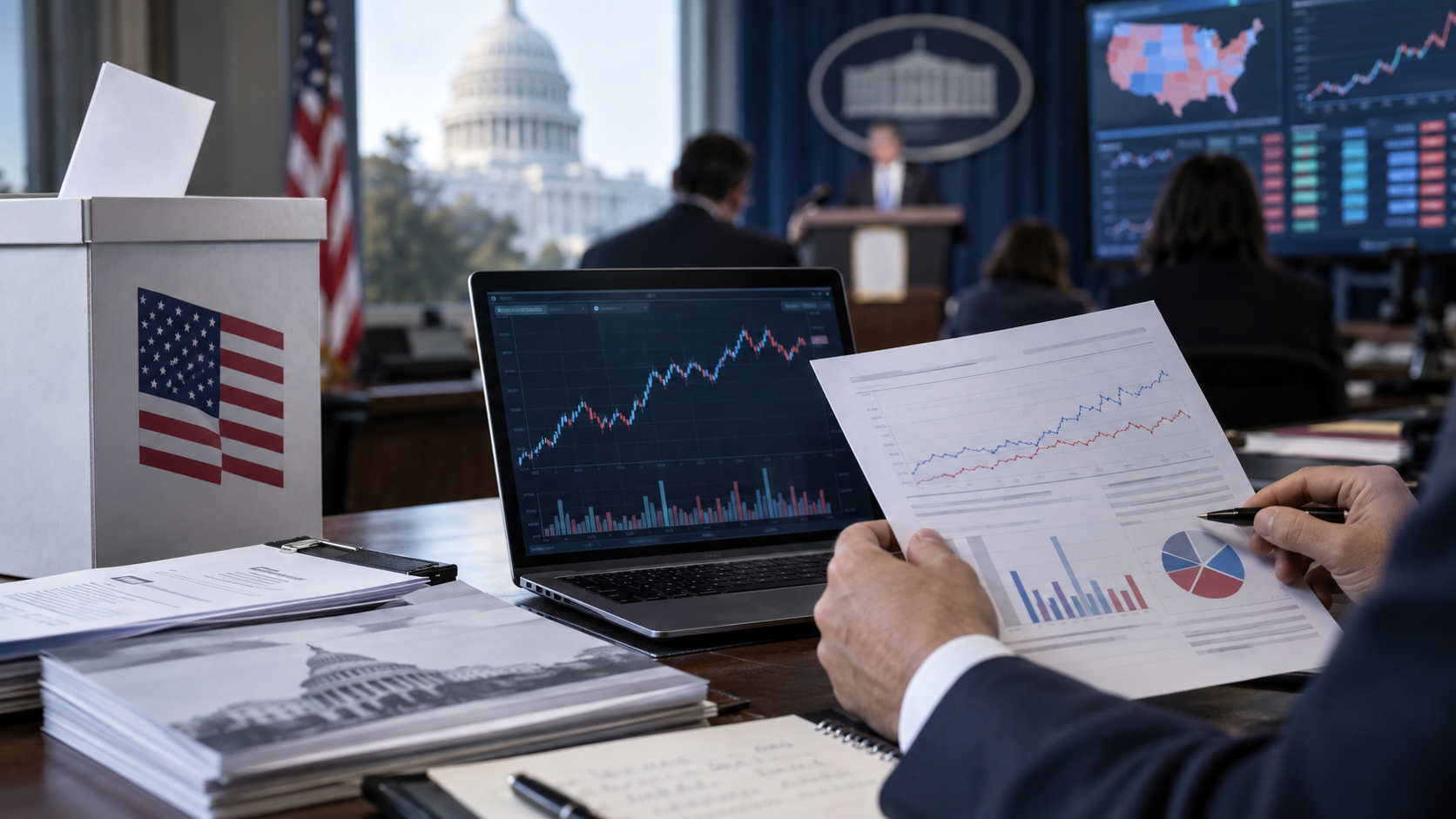 Editorial illustration of US election prediction markets, ballot boxes, and event-contract trading