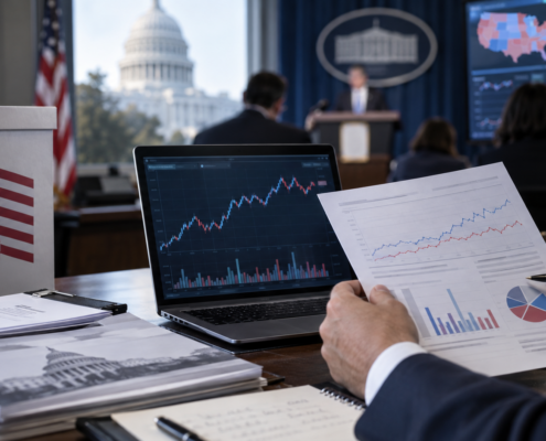 Editorial illustration of US election prediction markets, ballot boxes, and event-contract trading