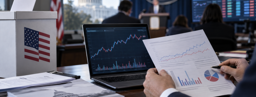 Editorial illustration of US election prediction markets, ballot boxes, and event-contract trading