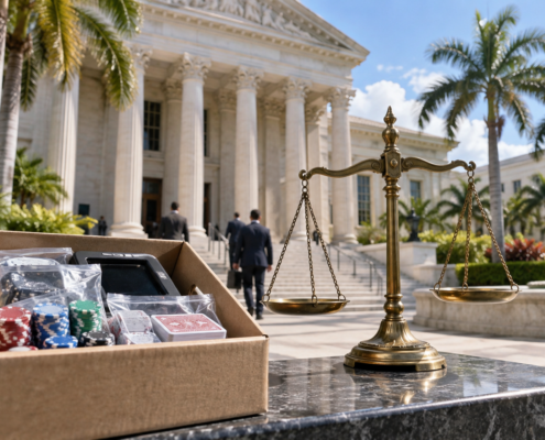 Editorial illustration about Florida illegal gambling case, United States casino and gambling news, and source documents