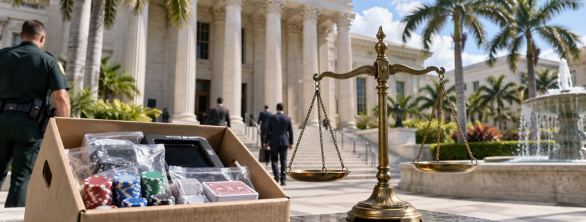 Editorial illustration about Florida illegal gambling case, United States casino and gambling news, and source documents