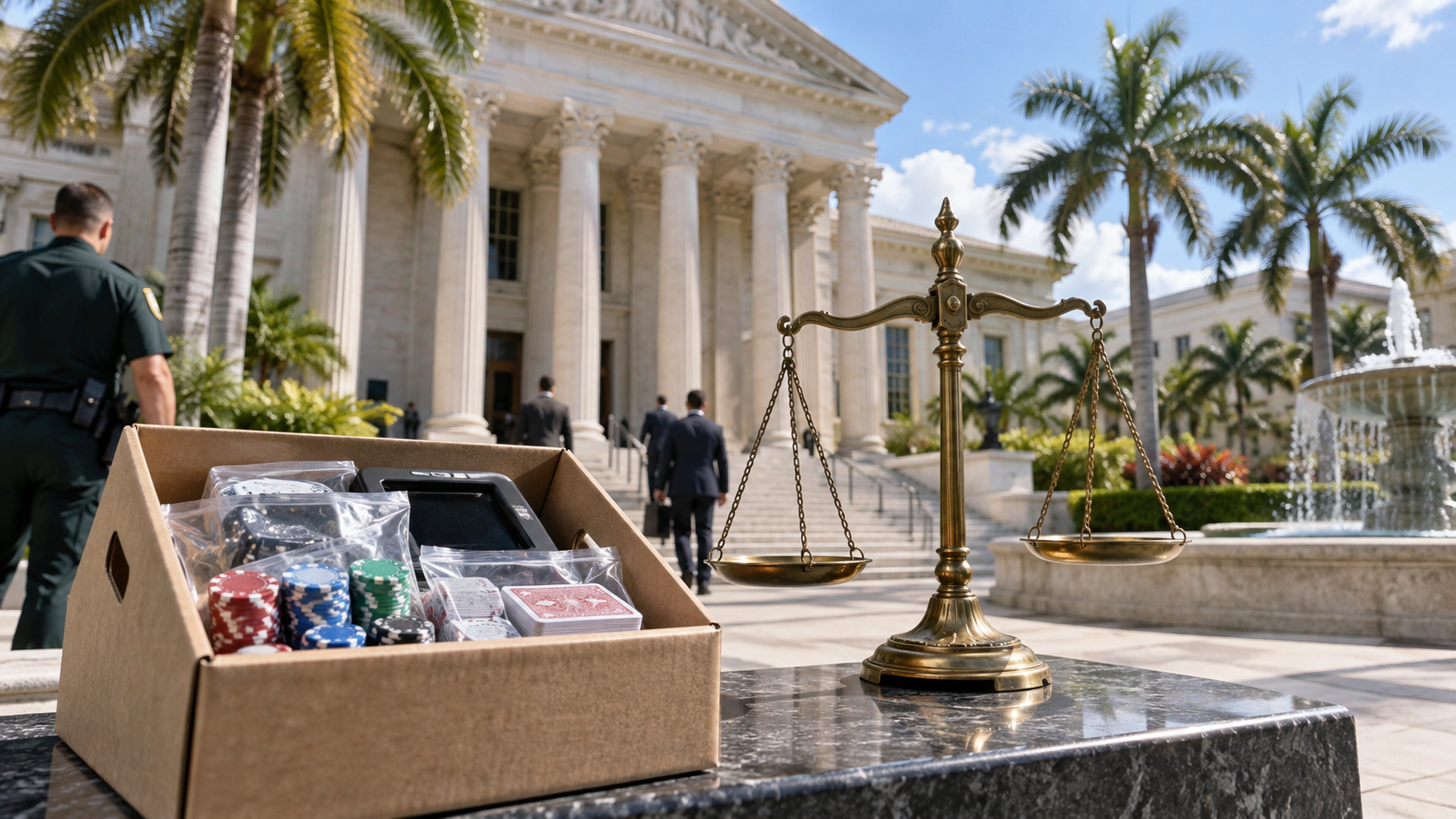 Editorial illustration about Florida illegal gambling case, United States casino and gambling news, and source documents