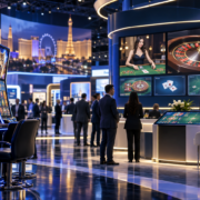 Editorial illustration of Galaxy Gaming casino games, iGaming content, and a Las Vegas G2E trade-show booth