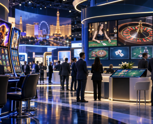 Editorial illustration of Galaxy Gaming casino games, iGaming content, and a Las Vegas G2E trade-show booth