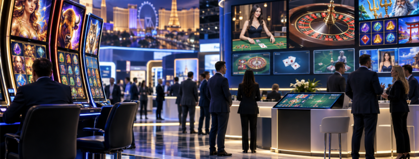 Editorial illustration of Galaxy Gaming casino games, iGaming content, and a Las Vegas G2E trade-show booth