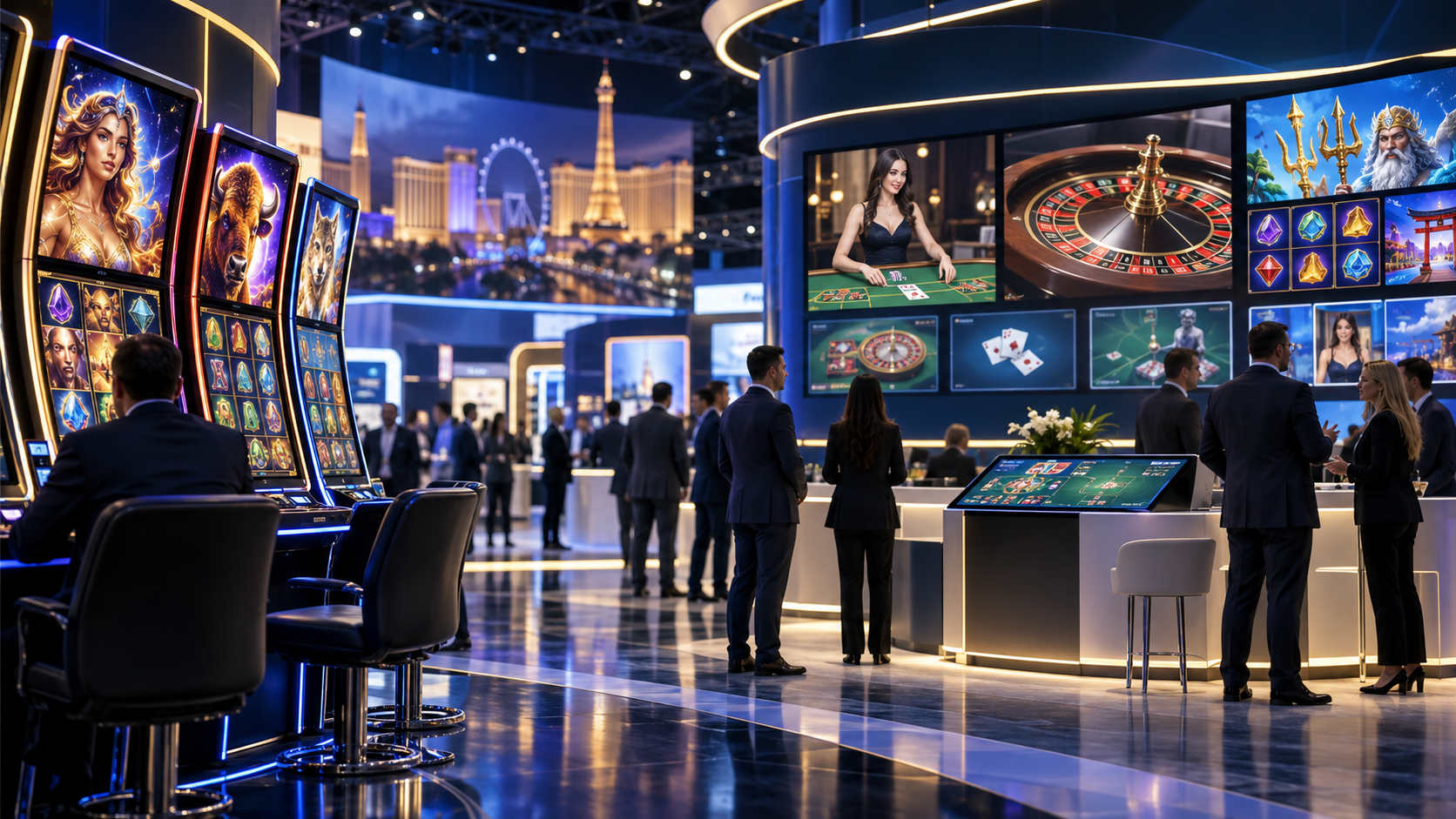Editorial illustration of Galaxy Gaming casino games, iGaming content, and a Las Vegas G2E trade-show booth