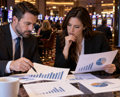 Editorial illustration of Illinois casino revenue data with a state outline and gaming tables