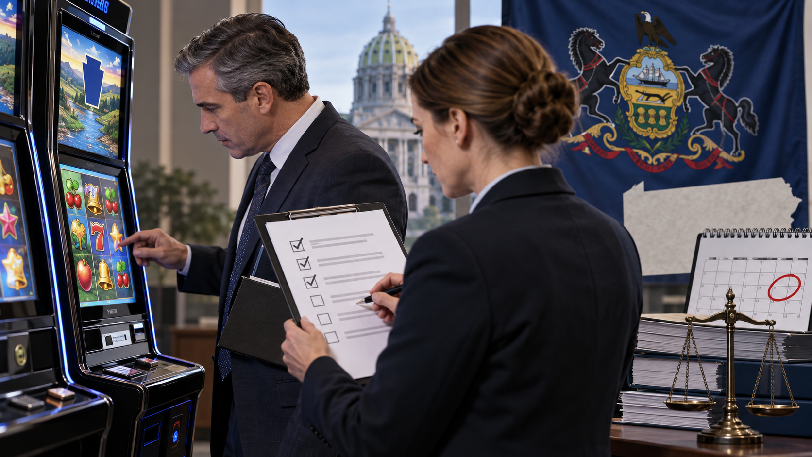 Editorial illustration of Pennsylvania authorities issuing skill-games guidance to businesses