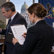 Editorial illustration of Pennsylvania authorities issuing skill-games guidance to businesses