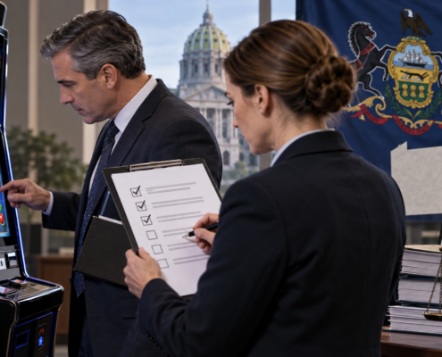 Editorial illustration of Pennsylvania authorities issuing skill-games guidance to businesses