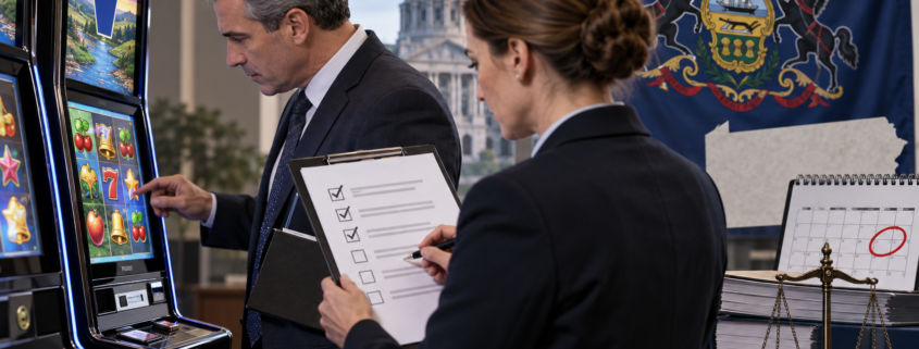 Editorial illustration of Pennsylvania authorities issuing skill-games guidance to businesses