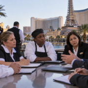 Editorial illustration of Las Vegas casino workers and labor proceedings