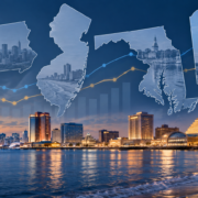 Editorial illustration of Mid-Atlantic casino markets, state maps, and revenue trend lines