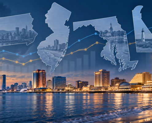Editorial illustration of Mid-Atlantic casino markets, state maps, and revenue trend lines