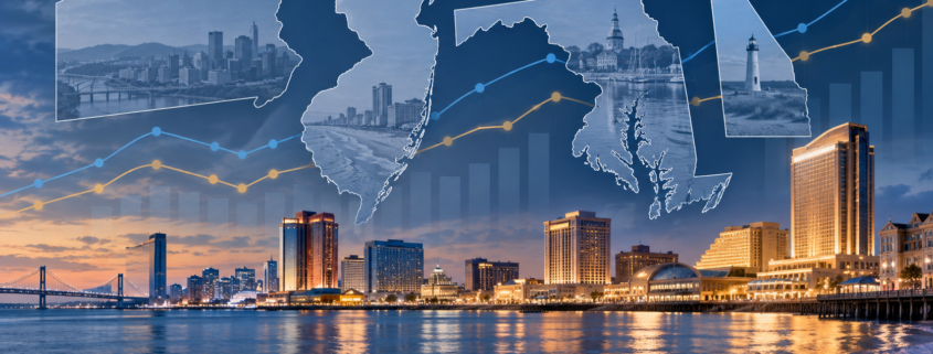 Editorial illustration of Mid-Atlantic casino markets, state maps, and revenue trend lines