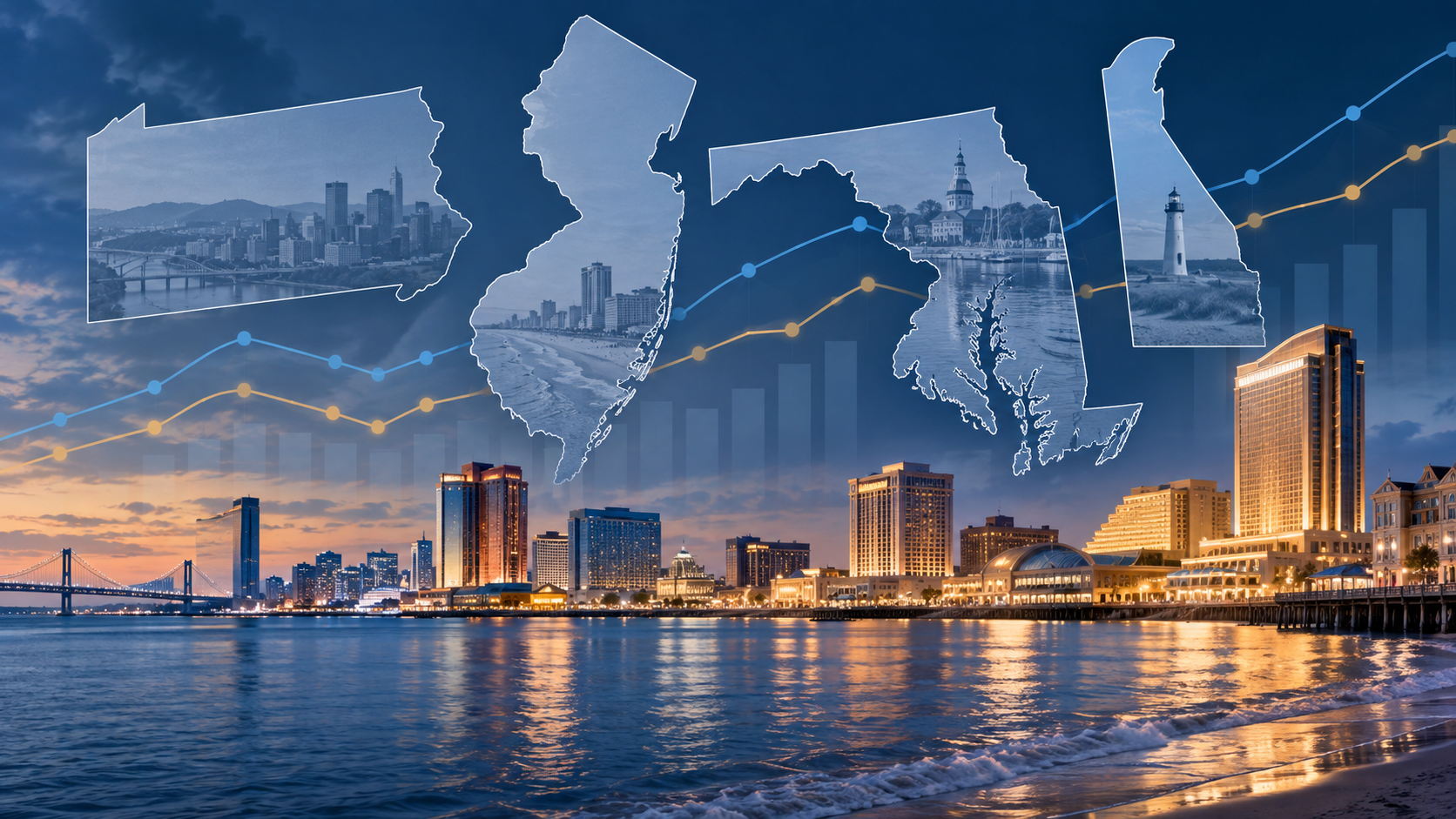 Editorial illustration of Mid-Atlantic casino markets, state maps, and revenue trend lines