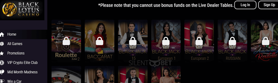 Live-dealer options shown in Silentbet’s Black Lotus review.