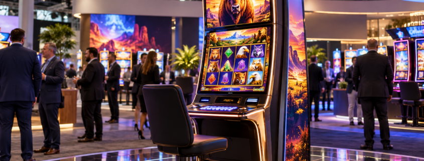 Editorial illustration for AGS G2E Slot Titles: New Glō UR43 Cabinet Leads Product Showcase