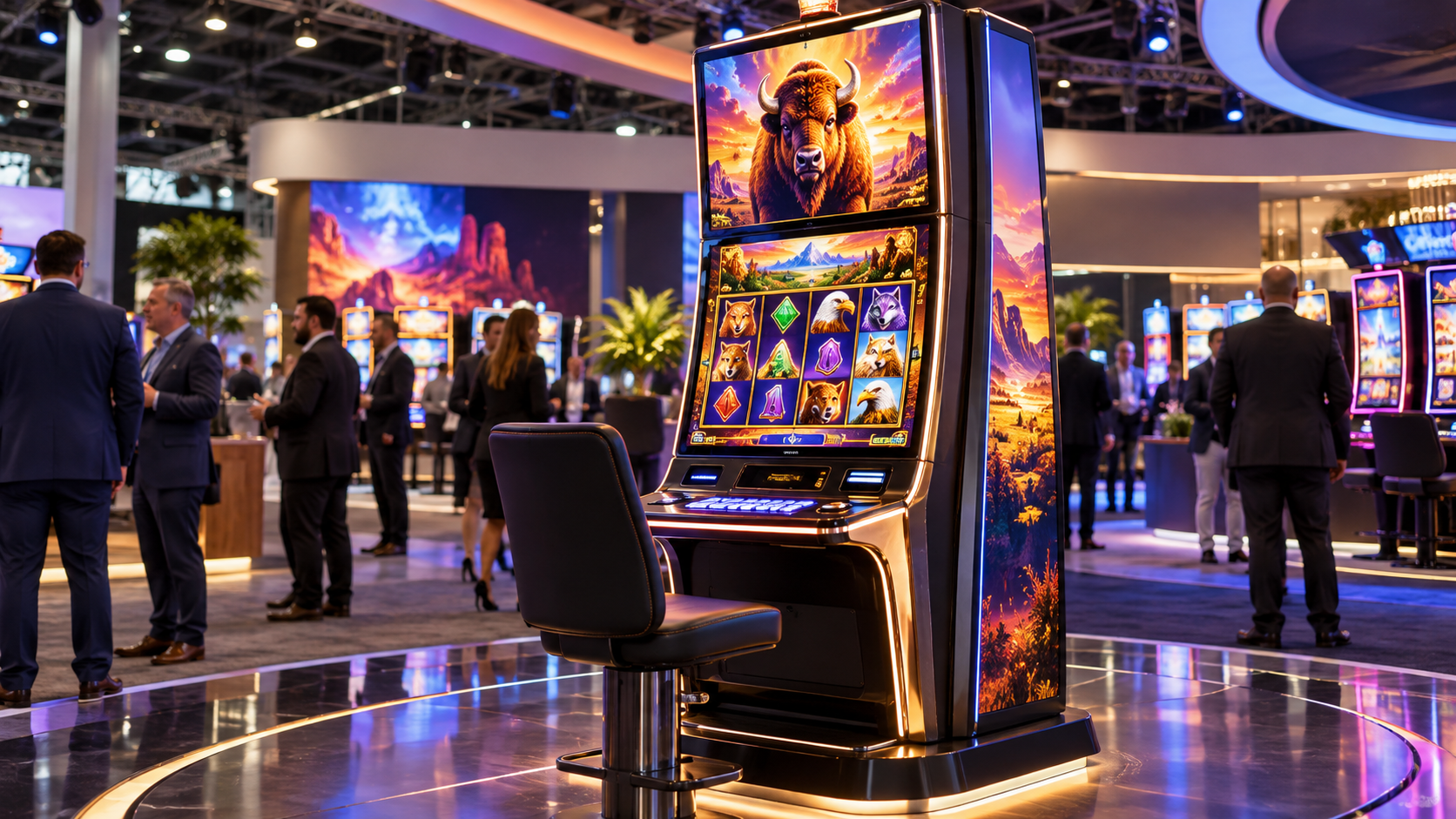 Editorial illustration for AGS G2E Slot Titles: New Glō UR43 Cabinet Leads Product Showcase