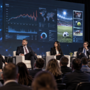 Editorial illustration of AI match-fixing detection, sports data, and a Las Vegas gaming expo panel