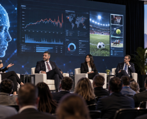 Editorial illustration of AI match-fixing detection, sports data, and a Las Vegas gaming expo panel