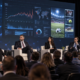 Editorial illustration of AI match-fixing detection, sports data, and a Las Vegas gaming expo panel