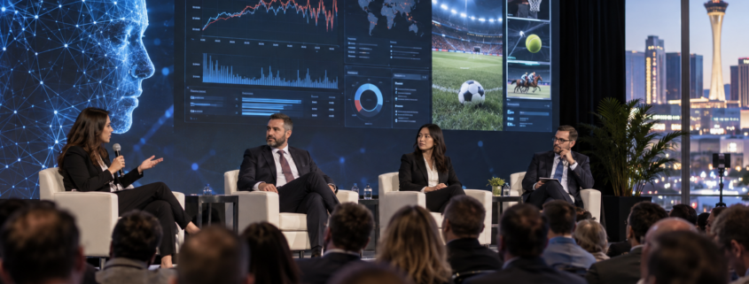Editorial illustration of AI match-fixing detection, sports data, and a Las Vegas gaming expo panel