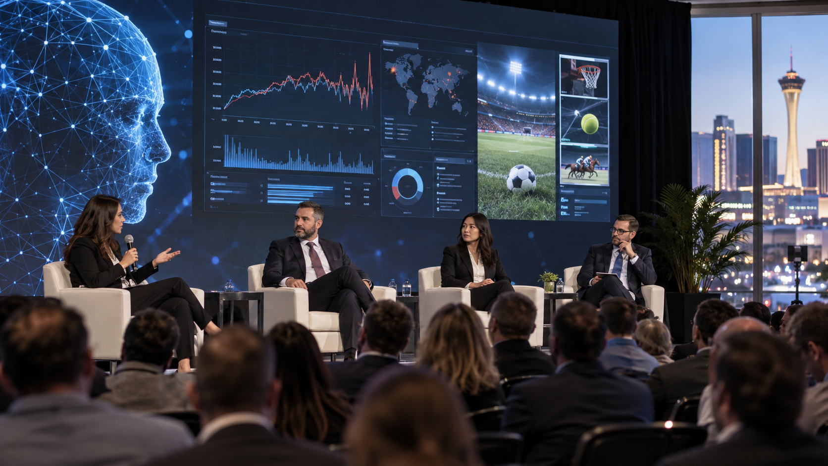 Editorial illustration of AI match-fixing detection, sports data, and a Las Vegas gaming expo panel