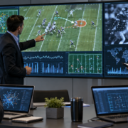 Editorial illustration of AI sports betting analysis and sports-integrity data