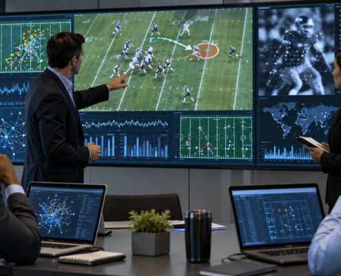 Editorial illustration of AI sports betting analysis and sports-integrity data