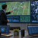 Editorial illustration of AI sports betting analysis and sports-integrity data